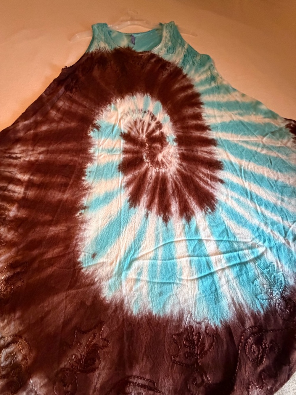 TRUE ROCK Turquoise & Chocolate Tie-Dye Tank Dress with Embroidered Detail - Picture 5 of 7
